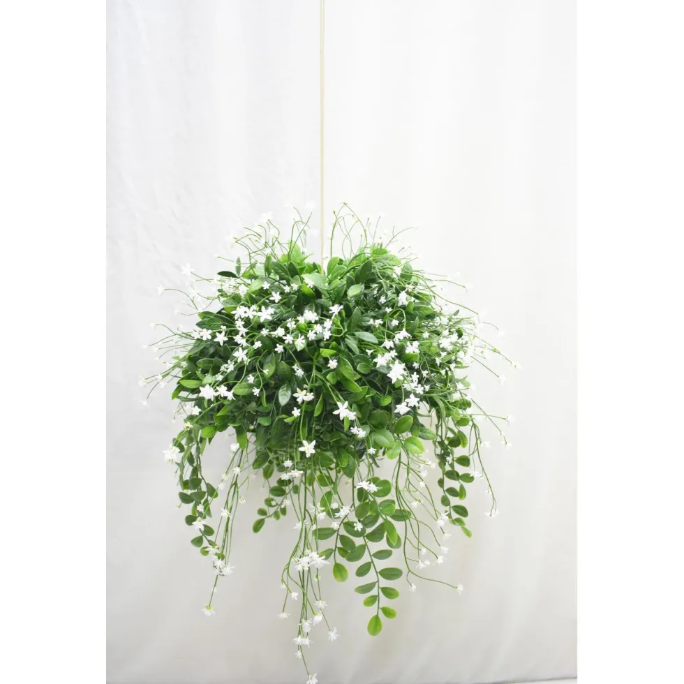 Iso tekokukka-amppeli 48cm valkoiset kukat/tummat lehdet
